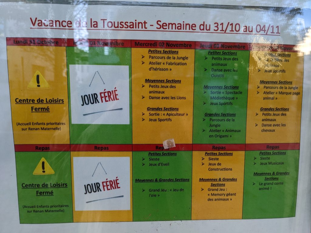 Maternelle Guest - Vacances de la Toussaint - Semaine du 31/10 au 04/11