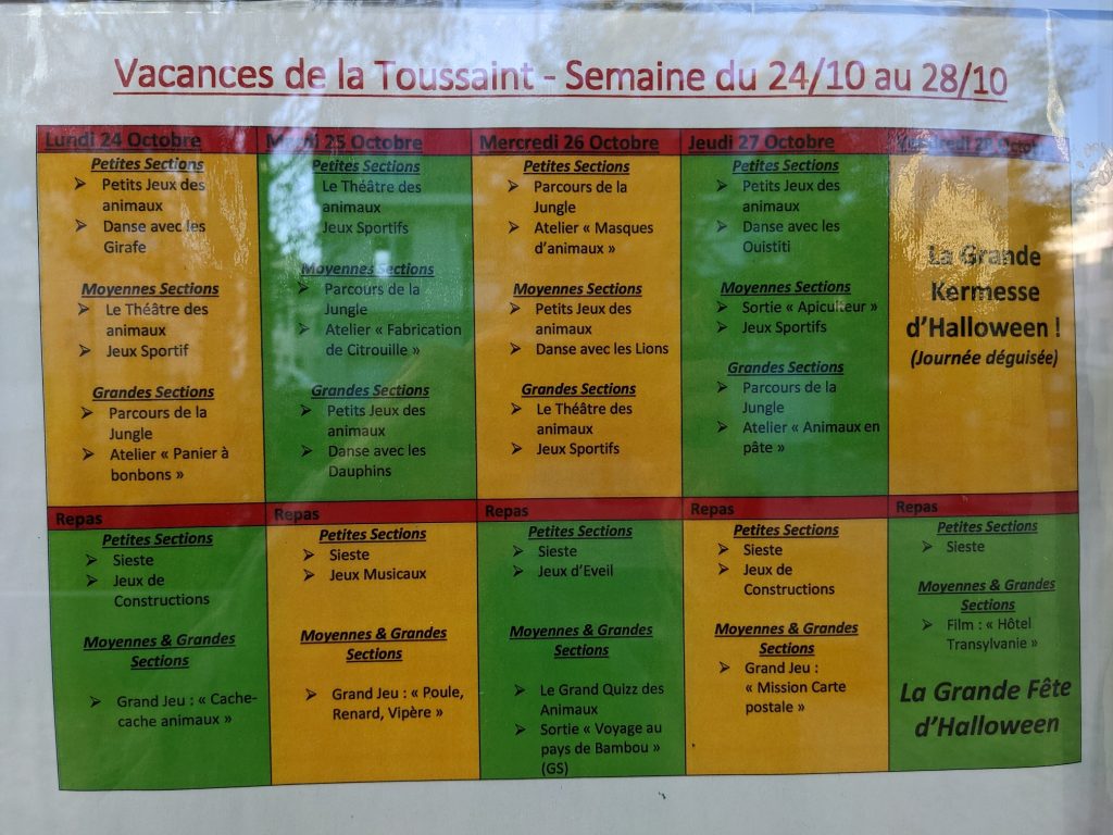 Maternelle Guest - Vacances de la Toussaint - Semaine du 24/10 au 28/10